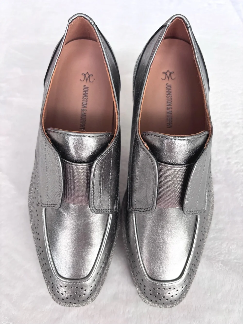 JOHNSTON & MURPHY Gracelyn Gore Metallic Pewter Slip-On Oxford Wedge--NEW--6.5
